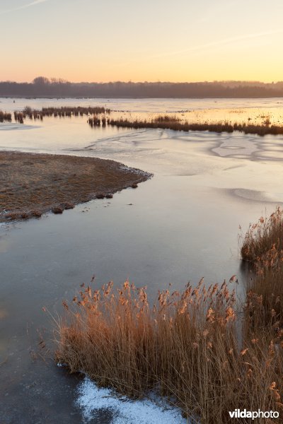 Bevroren meer bij zonsopgang