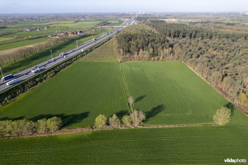 luchtfoto van het Provinciaal natuurdomein Hospicebossen langs de snelweg E17