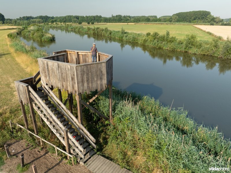 Uitkijktoren aan de oude Schelde in de Kalkense Meersen