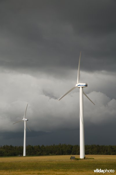 Windturbines onder een dreigende lucht